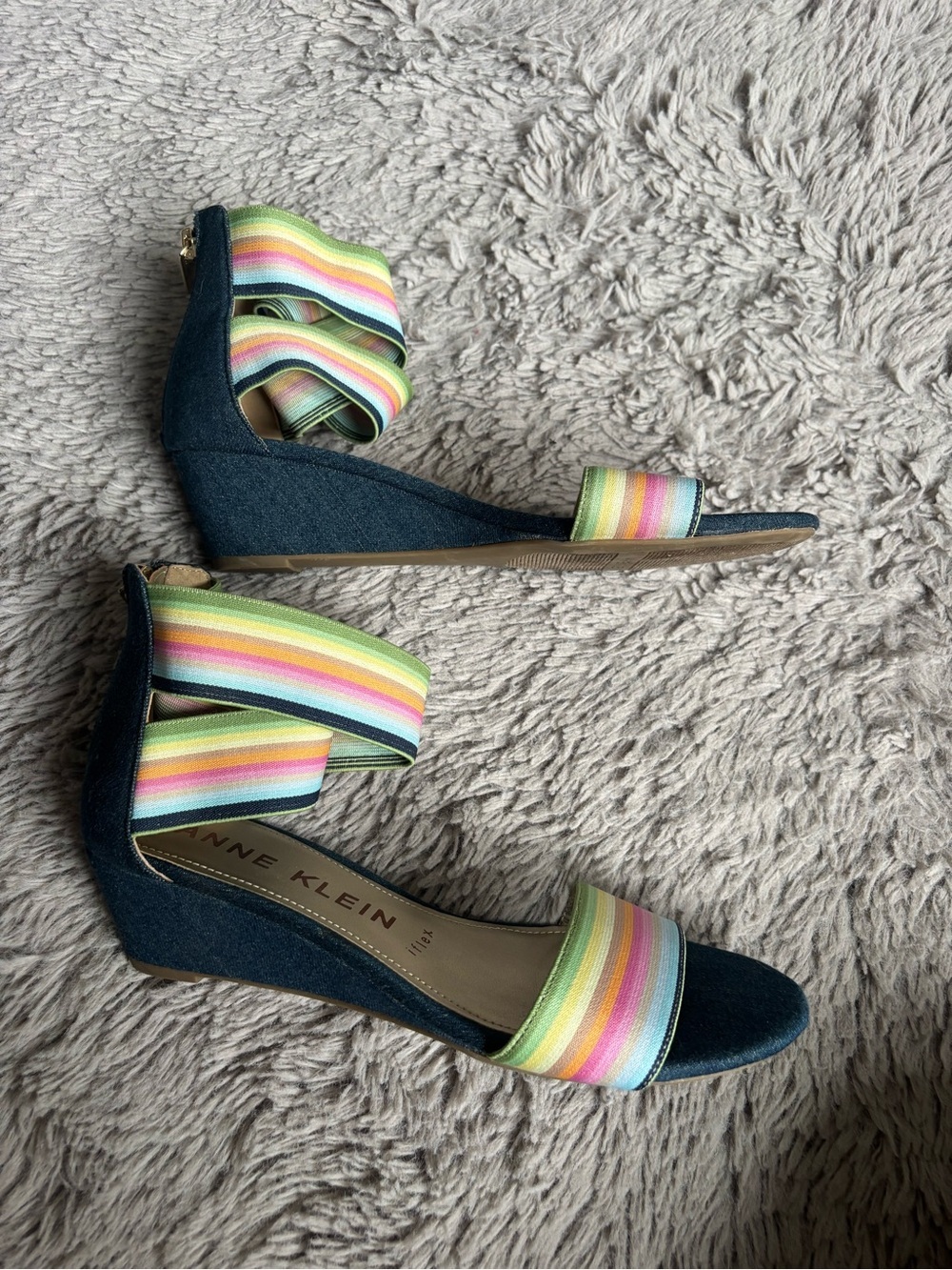 Anne Klein Denim Wedge bright rainbow strap Iflex Akvedette sandal Size 8